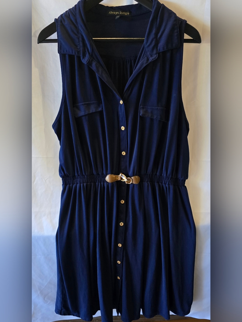 Always Indigo Navy Button-Front Sleeveless Dress